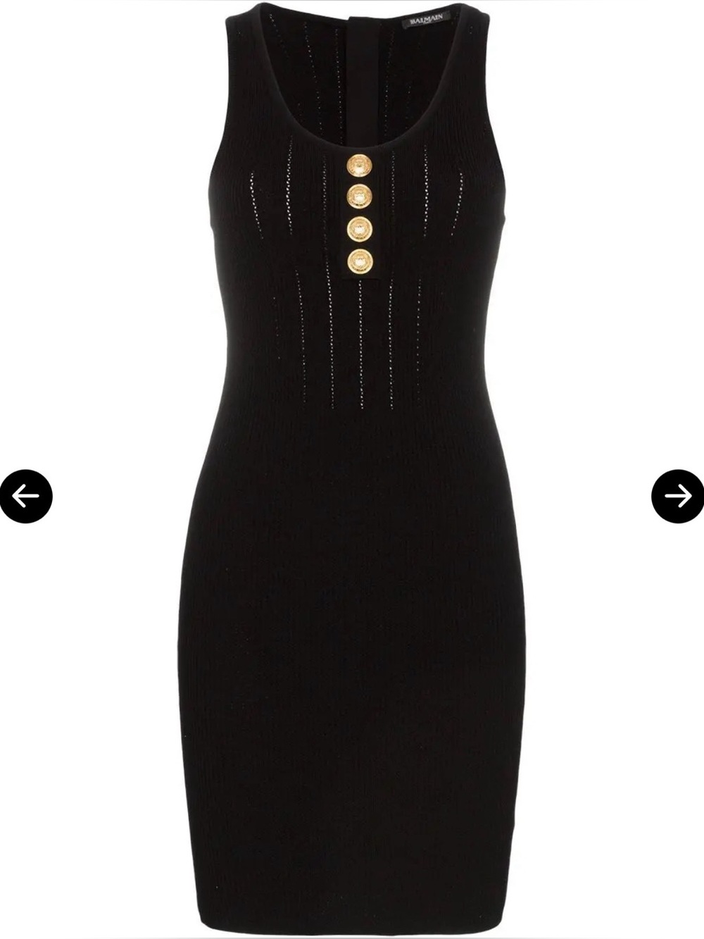 Balmain Black Ribbed Mini Dress with Gold Buttons